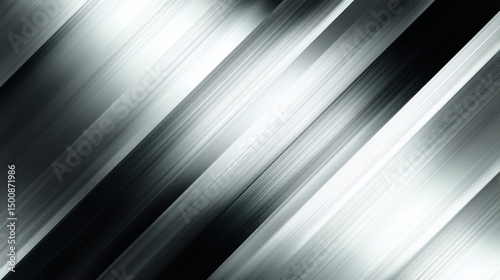 Diagonal, blurred, metallic stripes in shades of gray and white create a dynamic, modern abstract texture. Soft, light reflecting surfaces