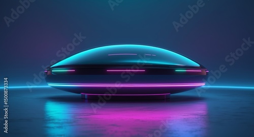 Futuristic Neon Pod, Glowing with Pink and Blue Lights on Reflective Surface.