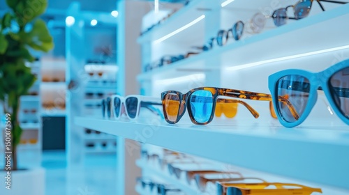 Stylish sunglasses display in modern retail store summer fashion accessories