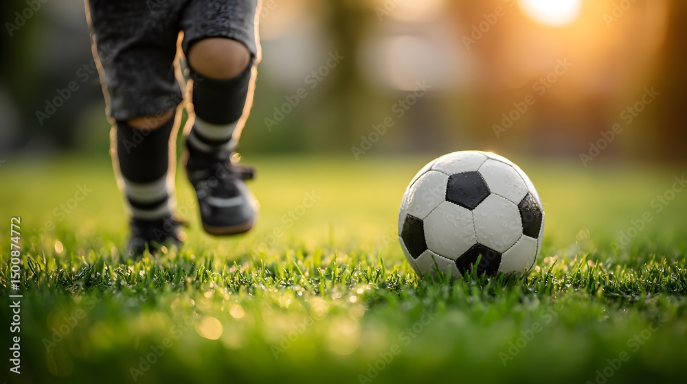 Fototapeta premium A young child wea socks and black shoes runs towards a soccer ball placed on the green grass, illuminated by the warm glow of the evening sun.