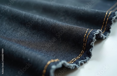 Close-up dark denim fabric piece. Rough uneven edge texture. Indigo colours, threadbare detail, seam, stitched border. Material suitable fashion design, clothes production.