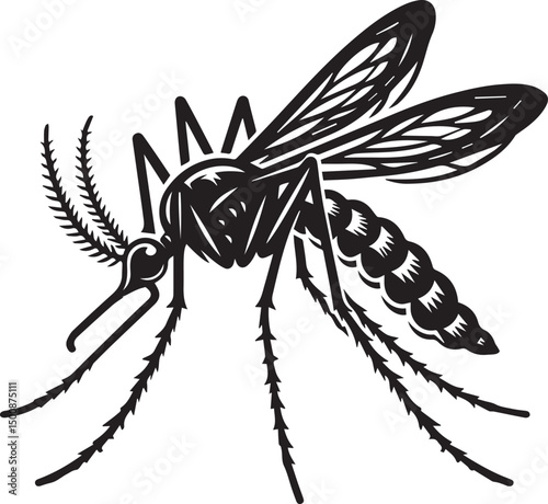 Black and White Illustration of Mosquito Vector – High-Quality Line Art for Scientific Use