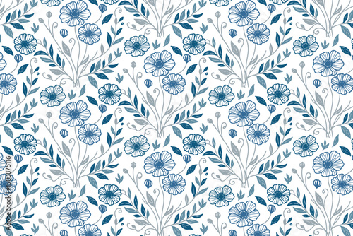 minimal blue botanical flower repeat, seamless cotton sketch pattern, textile print for wallpaper, bed linens and fashion use

