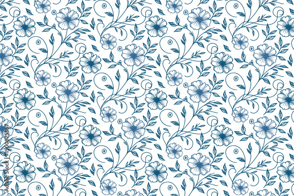 Fototapeta continuous seamless flower line design in blue, cotton floral textile artwork, fabric pattern for kitchen, apparel and bags

