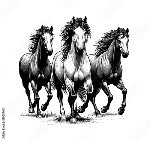 Three Horses Running Together in Black and White Vintage Engraving Style Vector Graphic