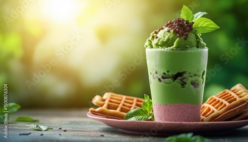 Refreshing Layered Matcha Drink with Ice Cream and Waffles Outdoors