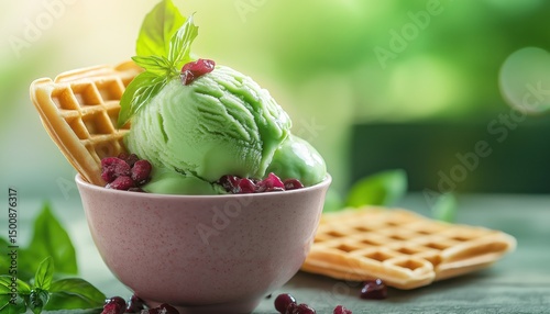 Vibrant Matcha Ice Cream Sundae with Waffle and Berries, Refreshing Summer Dessert