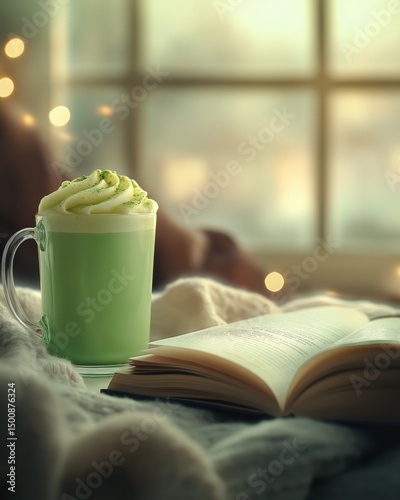 Cozy Matcha Latte with Whipped Cream and Open Book in Soft Light
