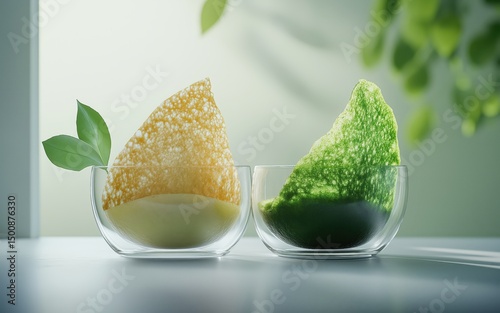 Vibrant Matcha and Golden Herbal Drinks in Clear Bowls with Natural Light, Wellness Concep