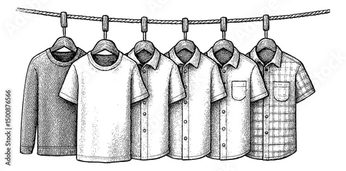 Assorted shirts and sweater hanging on clothesline with clothespins in drawing style