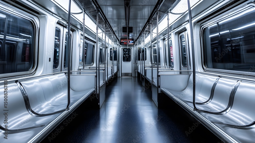 Obraz premium Empty subway car interior with polished metal seats.