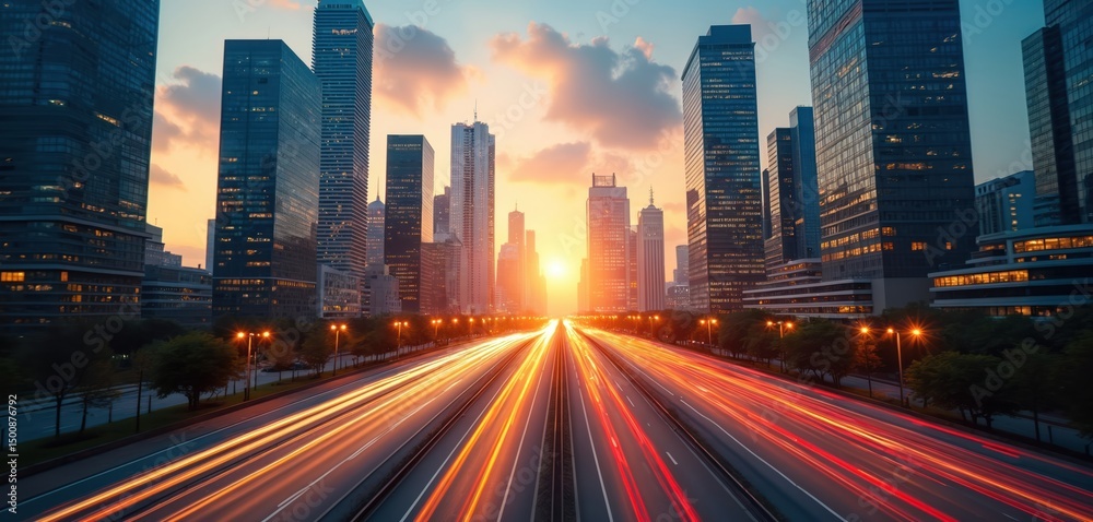 Obraz premium Cityscape skyline with office buildings. Multiple exposure of exteriors reflecting business atmosphere in ever-changing world. Fast-paced movement, economic growth. Abstract concept modern tech,