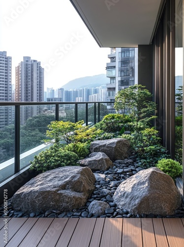 Urban balcony garden with rocks and plants