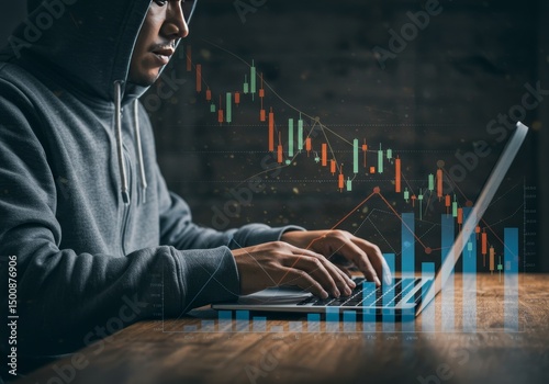 Photo of Hacker in Gray Hoodie Working On Laptop with Data Overlay photo