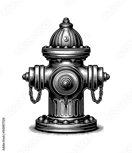 Detailed Black and White Engraving Style Illustration of a Classic Fire Hydrant