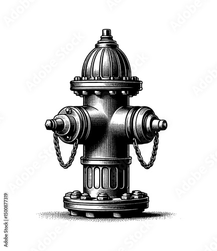 Detailed Black and White Engraving of a Vintage Fire Hydrant on White Background