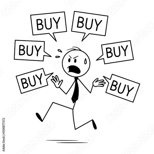 Overwhelmed customer running from sales offers. cartoon stick figure illustration of shopping stress and consumerism.