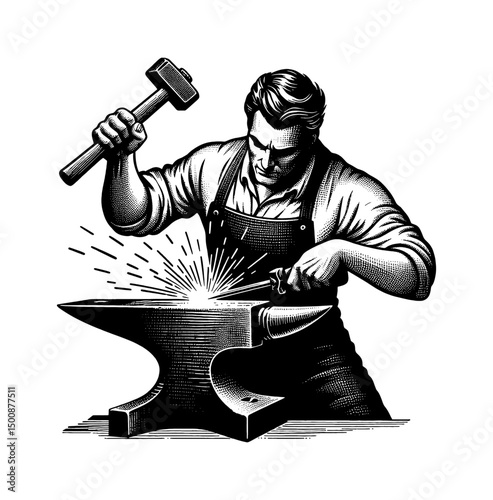 Craftsman Forging Metal with Hammer on Anvil in Black and White Detailed Engraving Art Style