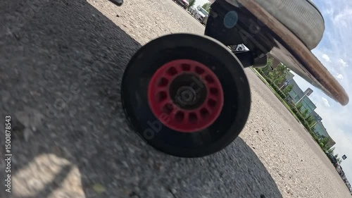 A Detailed CloseUp of a Skateboard Wheel on an Asphalt Surface Under Bright Sunlight