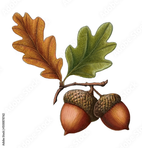 Illustration of Oak Branch with Acorns and Colorful Leaves Isolated on White Background
