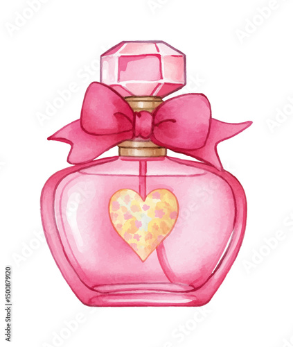 Elegant Pink Perfume Bottle with Bow and Heart, Watercolor Illustration