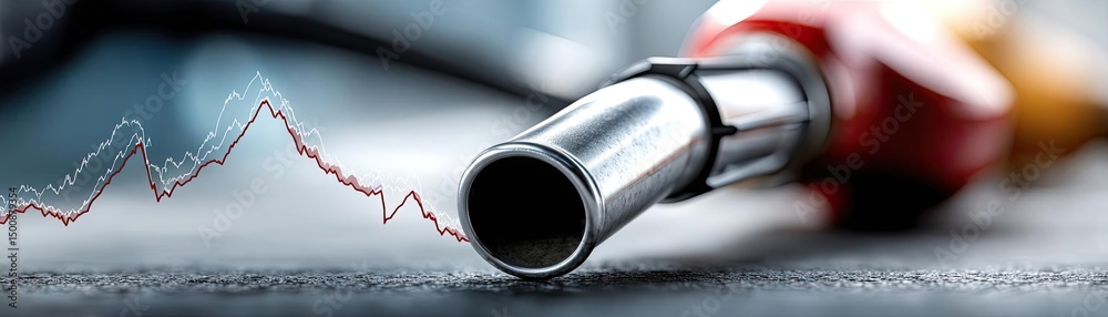 Obraz premium Gas station inflation affect global fossil supply and refinery forecast concept. Close-up view of a fuel nozzle with fluctuating graph lines.