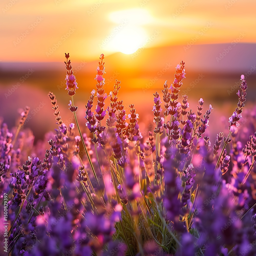 Fototapeta premium Beautiful sunset over lavender field in Provence.
