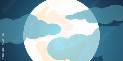 Cloudy night sky with a full moon illustration. Vector background. Best for publishing, posters, prints and web design.