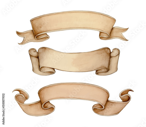 Watercolor illustration of three vintage ribbon banners on white background