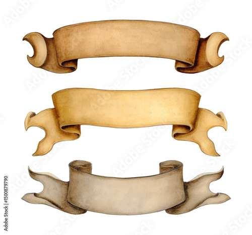 Elegant Set of Three Old Paper Textured Scroll Banner in Watercolor Style Illustration