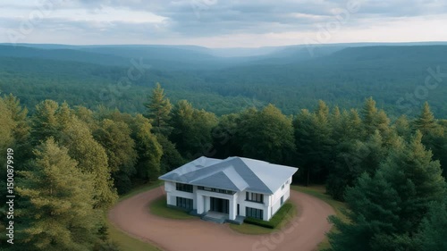 Wallpaper Mural Modern House in Forest: A striking modern house nestled within a dense forest, surrounded by lush green trees and overlooking a beautiful distant mountain range, symbolizing nature embrace the future. Torontodigital.ca