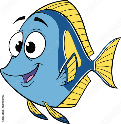 Cartoon Blue Tang Fish with Yellow Fins  Smiling Ocean Character Illustration