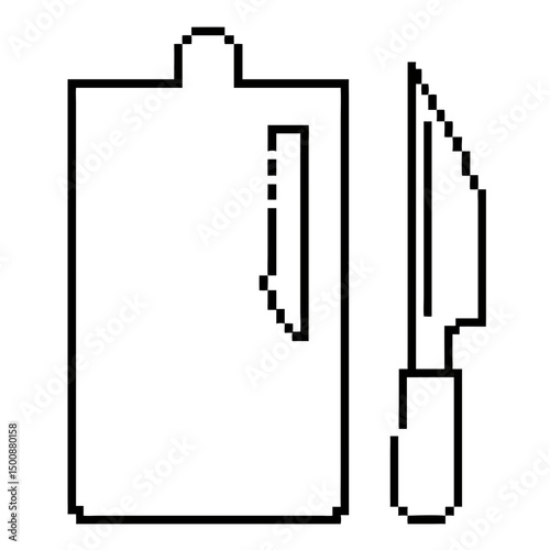 pixel  cutting board with knife design in precise line art on clear backdrop