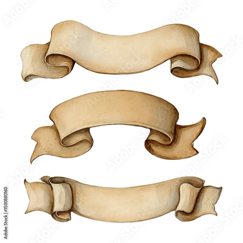 Set of three beige watercolor paper banners with space for text on a white background