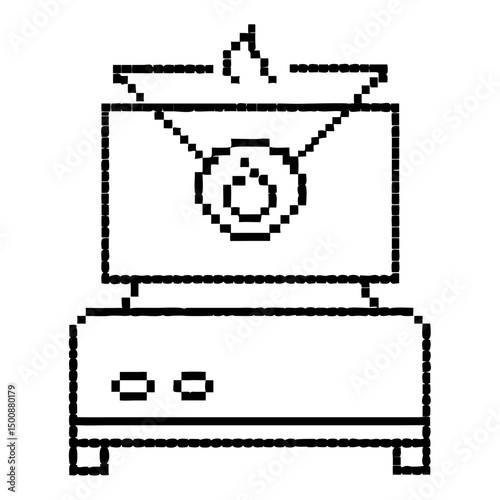 Stylish pixel  line art representation of a camping gas stove featuring a flame