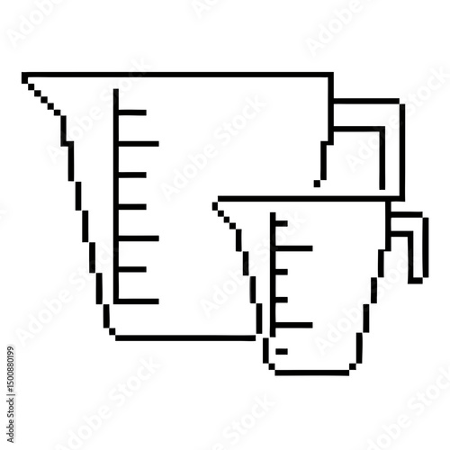 pixel kitchen measuring cups, jugs in precise line art style for culinary enthusiasts and bakers