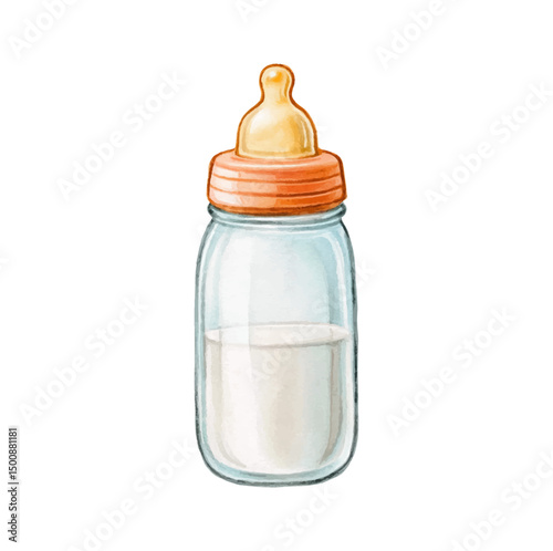 Watercolor illustration of a baby bottle filled with milk with an orange cap