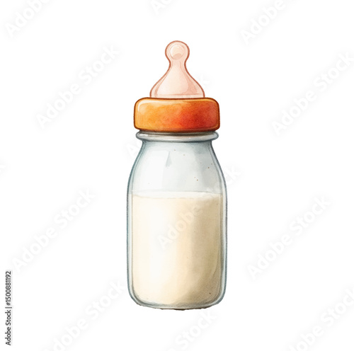 Baby Bottle Full of Milk in Watercolor Illustration on Isolated White Background