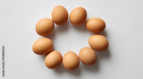Fresh brown eggs in a circular pattern on white, symbolizing simplicity  Ring Art: High-Res Minimalist Egg Arrangement on White with Natural Lighting Minimalist Food Staging: Circular Egg Composition 