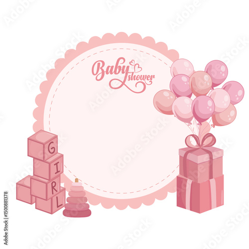 Baby shower pink circular frame for invitation or greeting card Its a girl