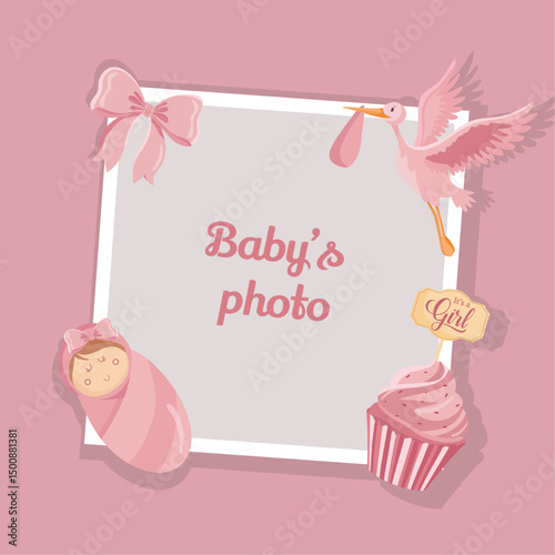 Pink photo frame for new born girl Cute baby flat illustrations