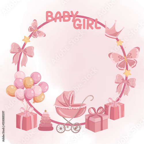 Baby girl frame for baby shower Invitation template with new born pink illustrations