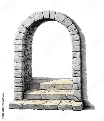 Stone Archway with Steps Illustration in Detailed Engraving Style with White Background