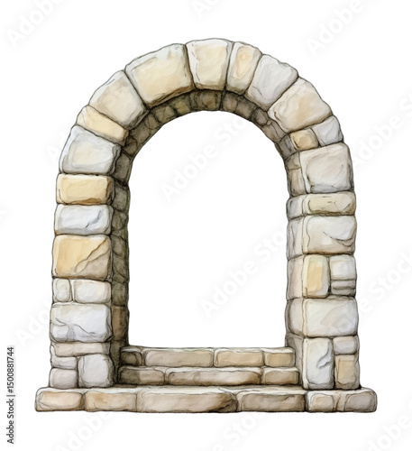Watercolor Illustration of Stone Archway with Steps on White Background Detailed