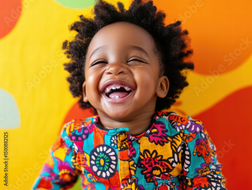 Joyful Toddler: A cheerful toddler radiates pure joy with a beaming smile, capturing a moment of innocent happiness. Against a vibrant backdrop.