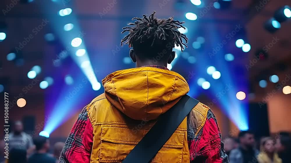 A musician in a vibrant jacket stands on stage, preparing to perform in a lively crowd