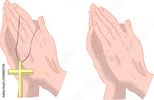 Christian Praying Hands with Cross Necklace Vector Illustration – Faith, Worship, Hope, Religion and Spiritual Devotion Symbol