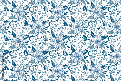 seamless blue botanical sketch pattern, cotton flower line design, textile surface artwork for fashion, kitchen and tableware

