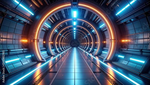 Illuminated tunnel creates a futuristic pathway with repeating light circles.