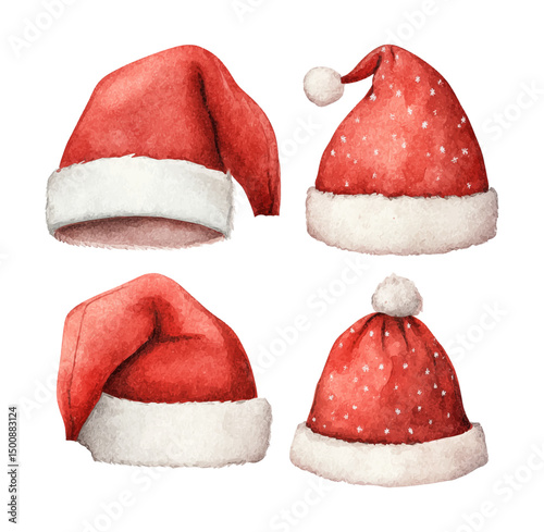 Collection of Red Santa Hats with White Fur Trim in Watercolor Illustration Style for Christmas